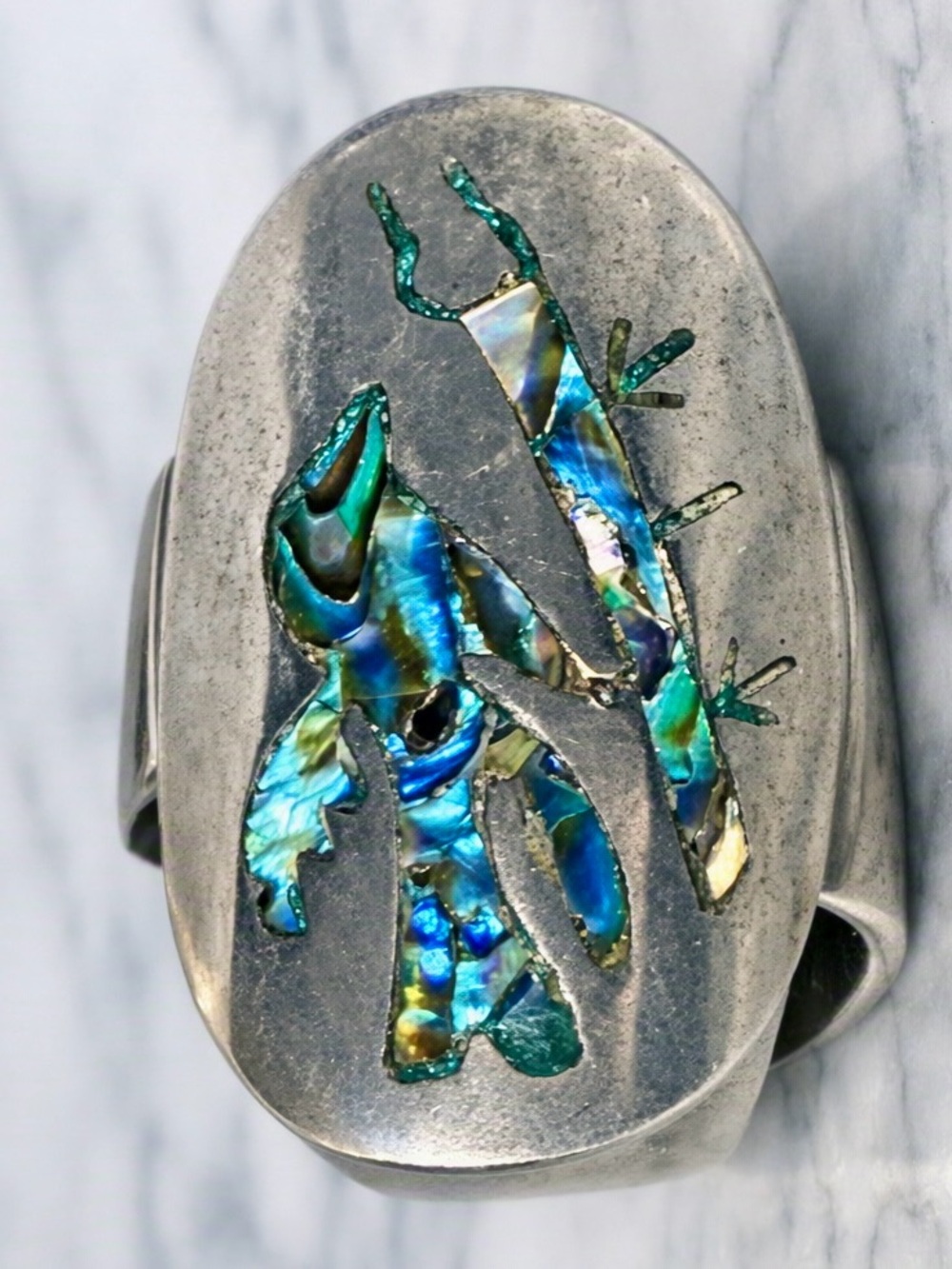 Handcrafted Silver Saddle Ring w/ Iridescent Abalone Bird Inlay, 1940’s Taxco
